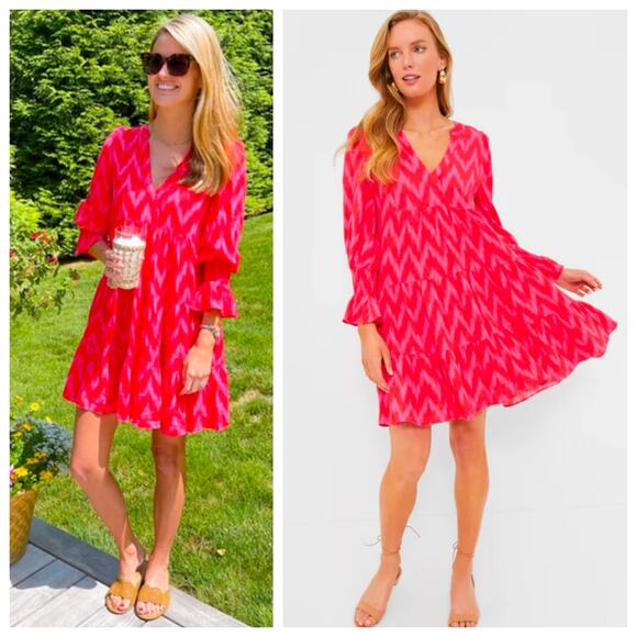 Tuckernuck Pomander Place Ikat Tiered Dress Pink & Red Long Sleeve Ruffle Hem - Picture 1 of 7